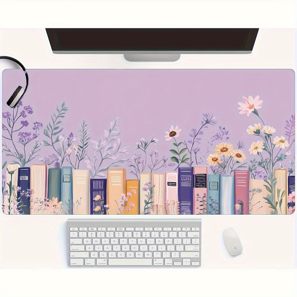 Desk Setup Books - Literary Floral Books Mouse Pad, Pastel